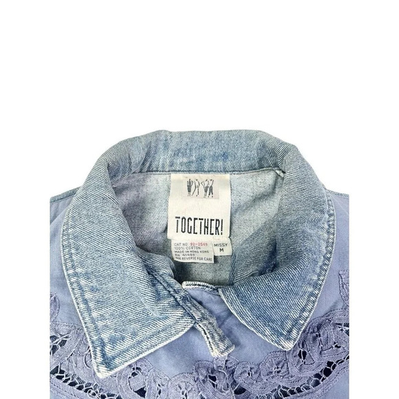 Vtg Denim Jacket Womens Medium Cropped Lace Boho Western 80s Rodeo Jean Boxy - Picture 10 of 15